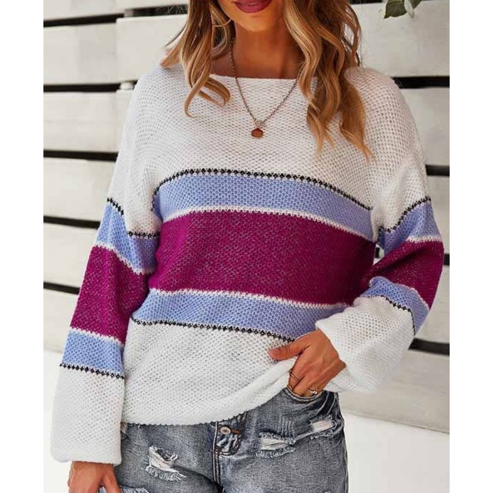 Boat Neckline Color Stripe Sweater - Picture 3 of 5
